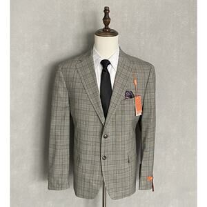 Tallia Men's 44 Short Suit Jacket Stretch Wool Blend Cream/Brown Plaid NEW